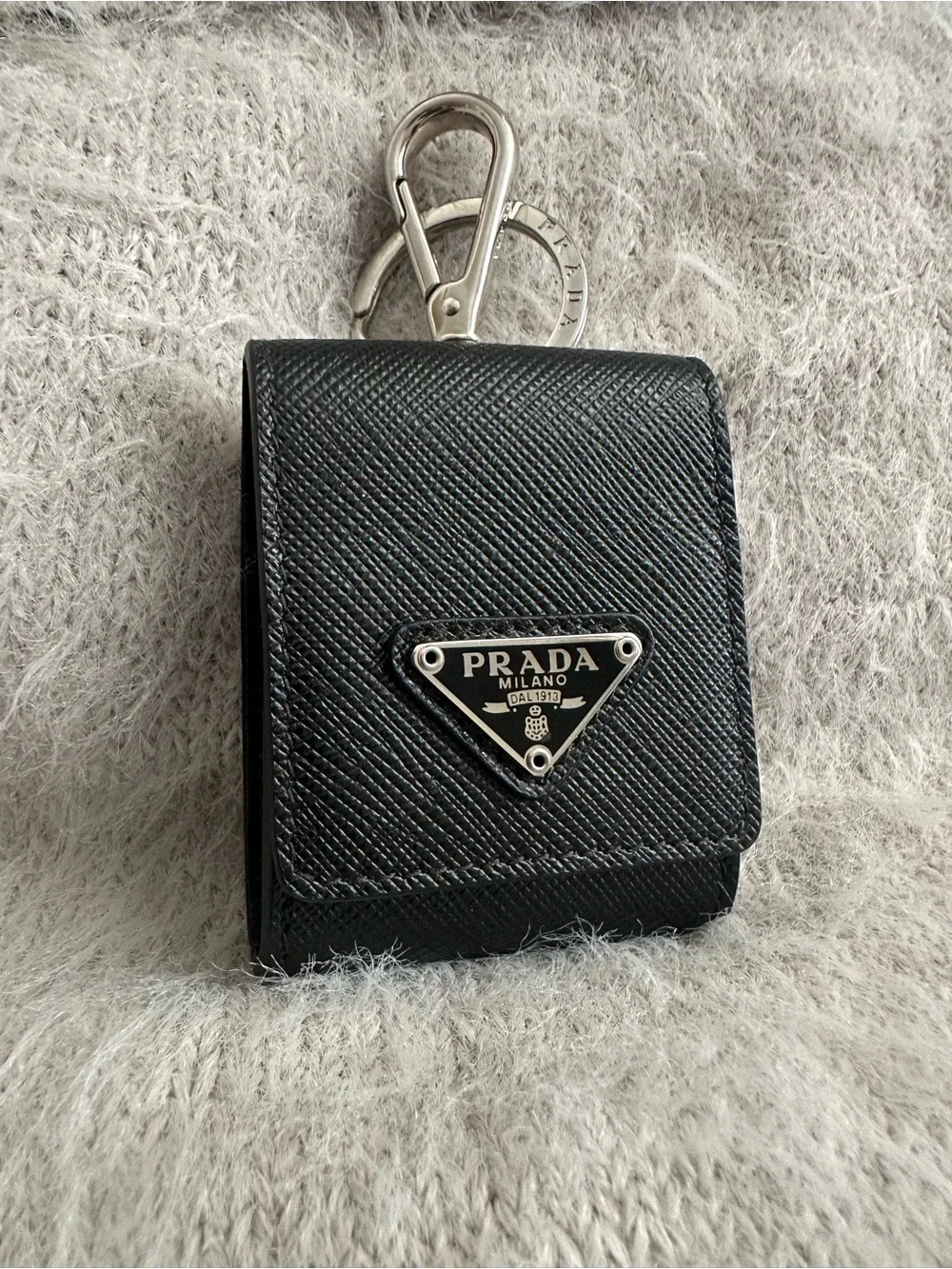 Prada Saffiano Leather AirPods Case Keychain Nero Black 2TT133